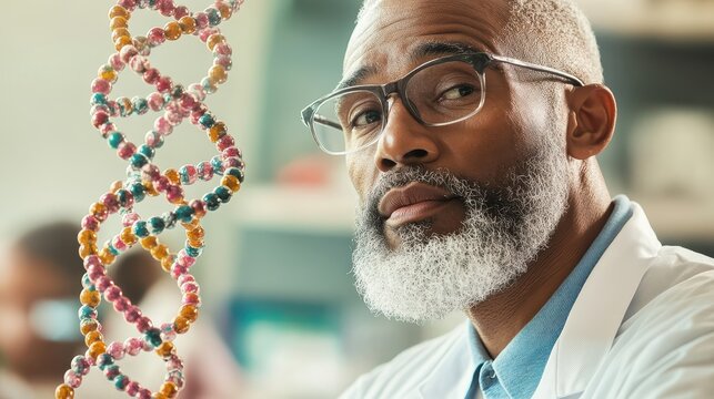 Biologist with DNA model in bright laboratory science research with focus on genetic code. - Powered by Adobe