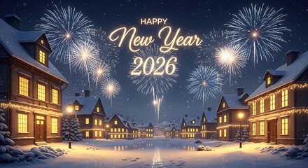 A charming winter village celebrates the arrival of the New Year 2026 with a spectacular fireworks display over snow-covered rooftops