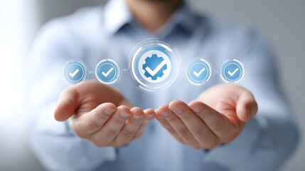 Obraz premium Conceptual business graphic showing a digital workflow for control and successful project completion featuring an approval checklist and gear icon held in hands symbolizing trust and verification