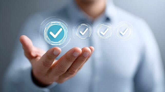 Conceptual representation of achieving goals and completing tasks with digital validation shown through a hand and glowing approval icons