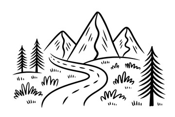 Simple Black and White Line Art Landscape Illustration with Three Mountains, Winding Road, and Stylized Pine Trees on White Background