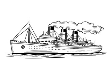 Vintage Black and White Ocean Liner Illustration with Smoke and Water Details - Classic Steamship Line Art Engraving Style