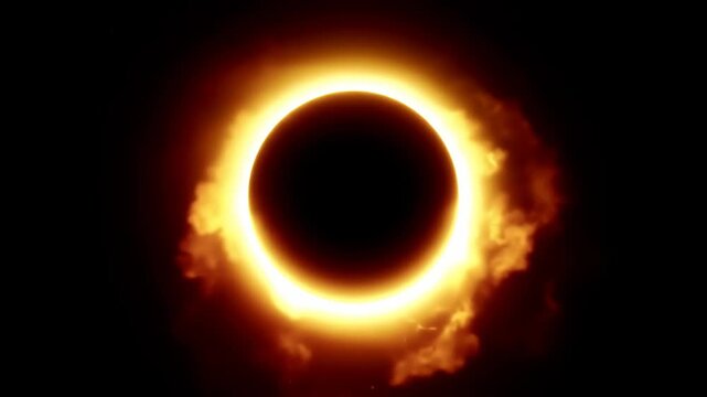 Annular solar eclipse in space, with glowing corona and black background, for science media and education