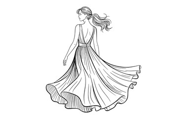 Elegant Woman in Flowing Backless Dress, Dynamic Line Art Illustration on White Background