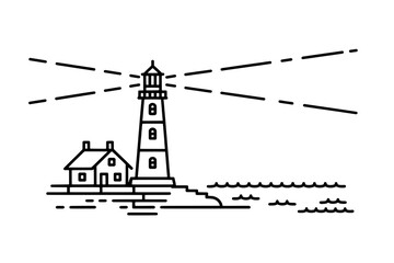 Minimalist Black Outline Lighthouse Scene with Coastal House, Light Beams, and Wavy Ocean