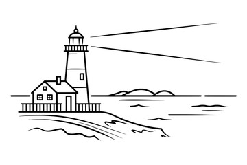 Minimalist Black Outline Lighthouse Scene with House, Cliff, Sea, and Light Beams on White