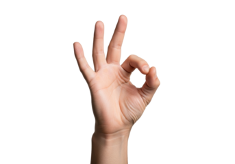 Adult male hand with light skin tone precisely making an 'OK' gesture, isolated on a seamless transparent studio background with soft lighting, conveying approval and precision concept