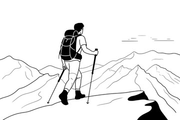 Minimalist Black and White Illustration of a Hiker with Trekking Poles in a Stylized Mountain Landscape