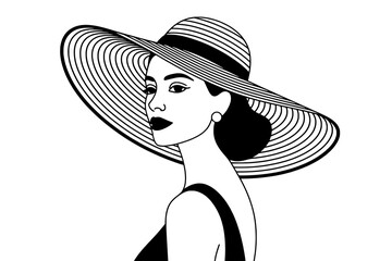 Elegant Black Outline Portrait of a Woman in Profile, Wearing a Wide-Brimmed Sun Hat with Textured Brim and a Hexagonal Pattern Hatband on a White Background.