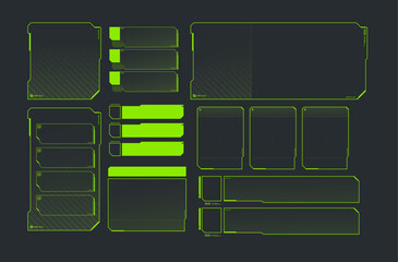 Neon green sci-fi UI kit with glowing panels, buttons, and futuristic interface frames.
