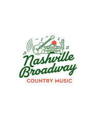 Nashville broadway country music emblem with guitar and sun on transparent background
