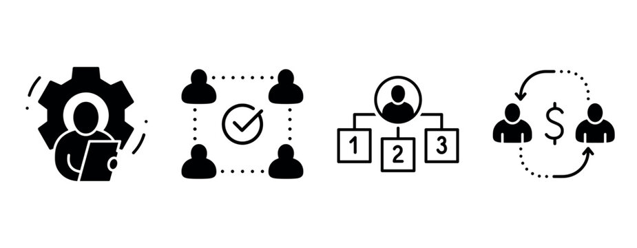 Teamwork icons: collaboration, workflow, hierarchy, exchange concepts