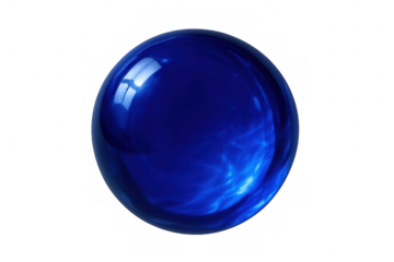 Blue glass sphere reflecting light, showing abstract internal patterns and an external glossy surface, on a transparent background
