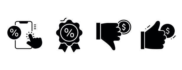 Discounts and rewards icons: mobile coupon, badge, thumbs up and down, coin symbols