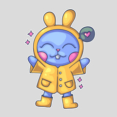 A cute blue bunny in a yellow raincoat and boots, smiling with closed eyes and pink cheeks, with sparkles. Cartoon vector character. Trendy style. Vector illustration.