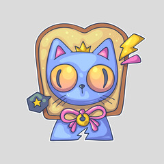 A blue cat with a crown and toast around its head, holding a wand, and wearing a pink bow with a bell. Cartoon vector character. Trendy style. Vector illustration.