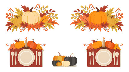 Set of thanksgiving decorative elements including pumpkins, autumn leaves, candles, and place settings, isolated on transparent background