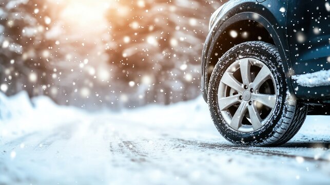 A winter scene shows a car parked on a snowy road with a cheerful snowman in the background, surrounded by trees and chilly weather - Powered by Adobe