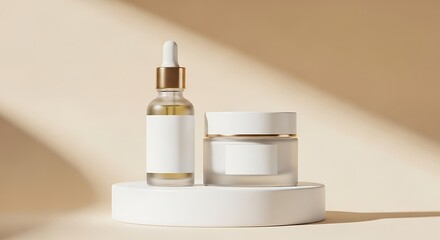 Minimalist Skincare Product Duo Serum Bottle and Cream Jar on Pedestal