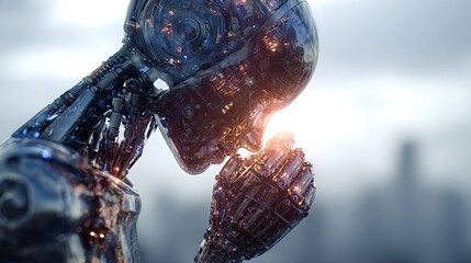 Cyborg with exposed circuits contemplating a complex thought, symbolizing advanced ai, future technology, and the potential for robotic consciousness against a city skyline