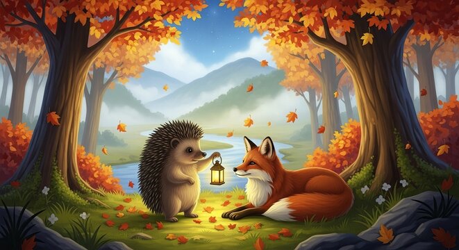 Cute hedgehog and fox in autumn forest with falling leaves and a lantern
