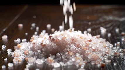 Closeup slow motion shot of coarse sea salt crystals falling onto a dark surface creating a small pile of white and pink granules highlighting the texture and culinary use of the seasoning. - Powered by Adobe