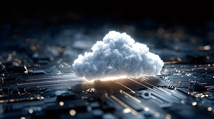 Cloud icon appears over a circuit board, representing digital information processing, global data transfer, server technology, and internet network connectivity
