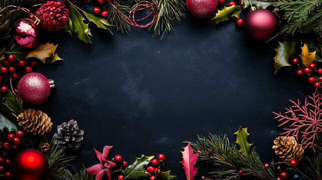 Festive Christmas composition with pine cones and ornaments on dark background with copy space