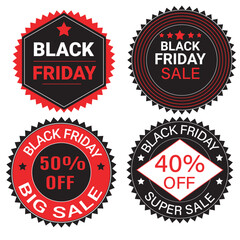 Obraz premium Black Friday discount badge collection, 40% and 50% off sale sticker set, Black and red sale labels design, Big sale promotional badge icons, Special offer and super sale emblem pack.