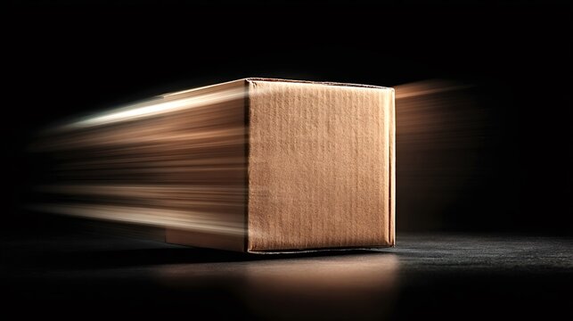 Cardboard box streaking across a dark background with motion blur, symbolizing fast, reliable delivery and efficient logistics for e commerce, express shipping and transport
