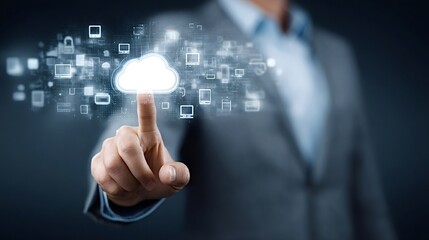 Businessperson interacting with a virtual screen, accessing cloud data storage and networking solutions for digital transformation and global communication