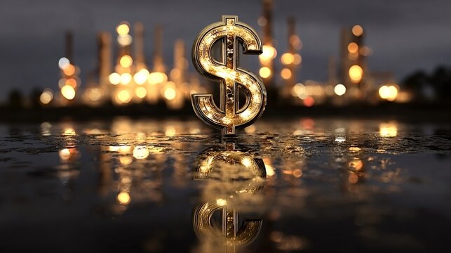 Gold dollar sign on wet surface reflecting blurred refinery lights at night, symbolizing the link between currency, energy markets and industrial wealth and risk