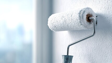 Paint roller applying fresh white paint over textured interior wall, capturing home improvement and renovation action for diy, decorating, maintenance and modernizing projects