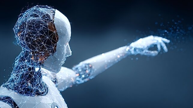 Artificial intelligence robot with glowing hand showing digital data network connectivity, depicting advanced human machine interaction and futuristic technology concepts