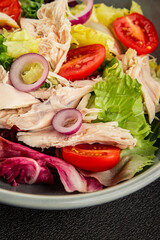 Salad chicken meat and vegetables tomato, green leaf lettuce, onion natural product tasty snack fresh delicious gourmet food background on the table rustic top view copy space keto and paleo diet