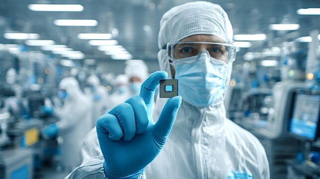 Cleanroom technician wearing a protective suit and mask holding a microchip on fingertips, demonstrating advanced semiconductor manufacturing and a focus on precision technology in a modern facility