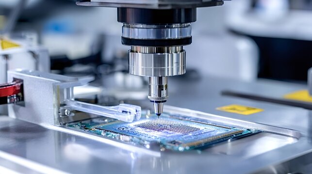 Robotic machine performing automated assembly, precisely placing electronic components onto a printed circuit board, symbolizing advanced manufacturing, automation, and future technology