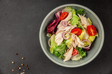 Salad chicken meat and vegetables tomato, green leaf lettuce, onion natural product tasty snack fresh delicious gourmet food background on the table rustic top view copy space keto and paleo diet