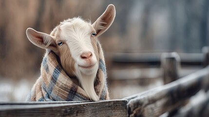 White goat wearing a woolen shawl and smiling near a wooden fence  