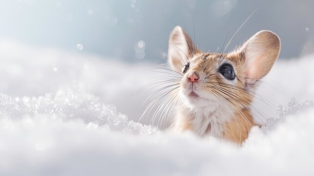 Jerboa peeking out from soft snow on a winter morning  