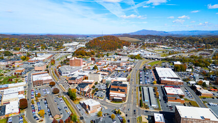 Fall foliage surrounding historic downtown Johnson city Tennessee 