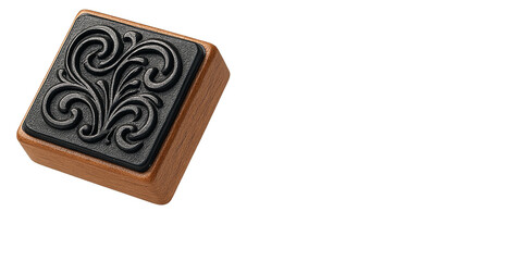Elegant decorative rubber stamp with intricate black floral swirl pattern on wooden base for crafting and stationery design, isolated on transparent background, PNG