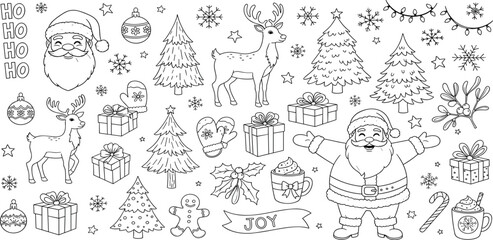 Obraz premium Collection of hand-drawn Christmas and New Year doodle elements. Festive outline illustrations of Santa, reindeer, and gifts for coloring pages