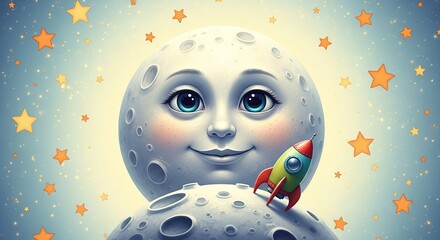 Whimsical cartoon moon character with a rocket, surrounded by stars, in a dreamy night sky