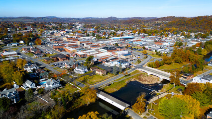 View of downtown Elizabethton and the covered bridge on a fall day  