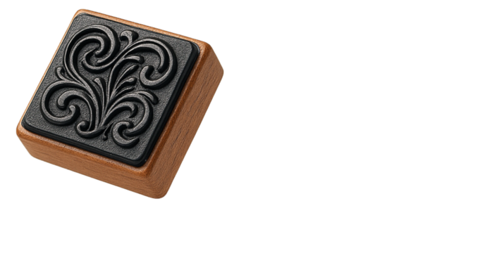 Elegant decorative rubber stamp with intricate black floral swirl pattern on wooden base for crafting and stationery design, isolated on transparent background, PNG