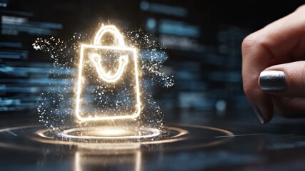 Glowing shopping bag icon in digital environment symbolizes online shopping and e commerce, enhancing interaction with technology for modern convenience in retail and cybersecurity - Powered by Adobe