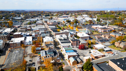 Aerial view of small rural town on a fall day 