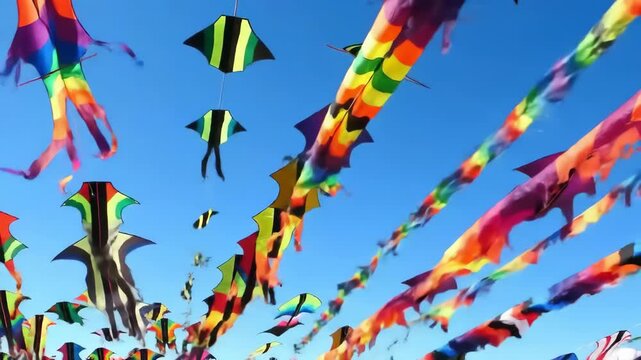 Colorful kites soaring high against a vibrant blue sky; ideal for backgrounds & joy concepts