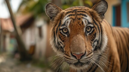 close up tiger face , tiger at small village in India 